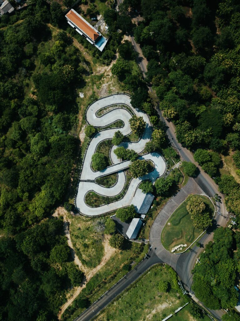 Aerial view of winding road through dense green forest showcasing natural landscape textures Wallpaper