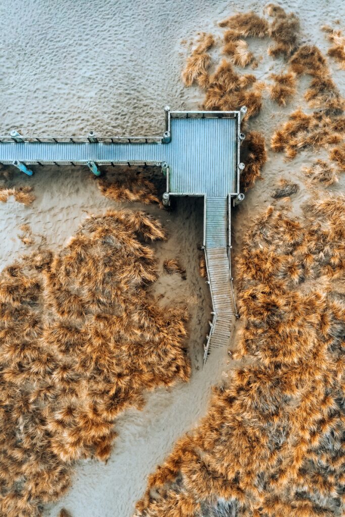 Aerial view of wooden bridge over sandy terrain and golden grass with natural earthy tones wallpaper