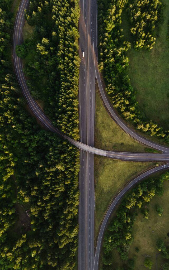 Aerial view of curving highway through dense green forest and grassy fields with clear road markings Wallpaper