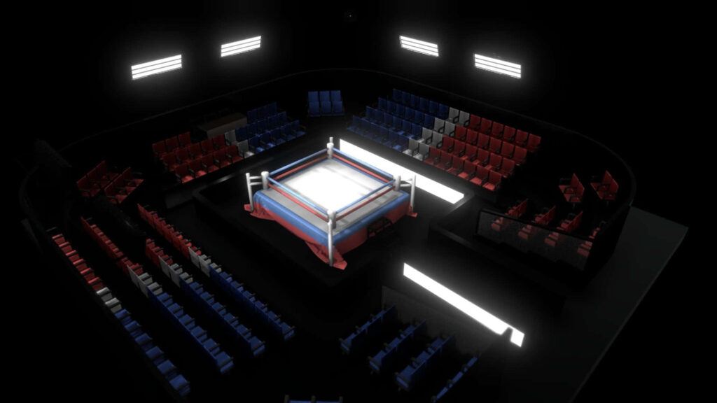 Dimly Lit Aerial Boxing Ring Wallpaper: Red & Blue Contrast