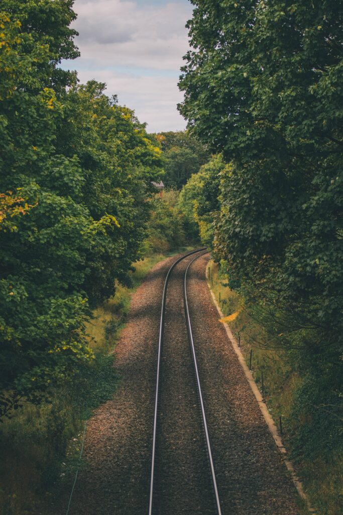 Aerial view of curved railway tracks winding through dense green forest in tranquil natural setting Wallpaper
