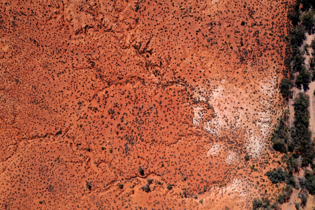 Aerial view of rugged desert landscape with sparse trees and reddish brown arid terrain wallpaper