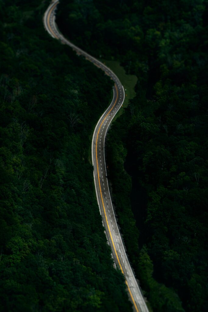 Aerial view of winding road through dense green forest with sharp road markings wallpaper background