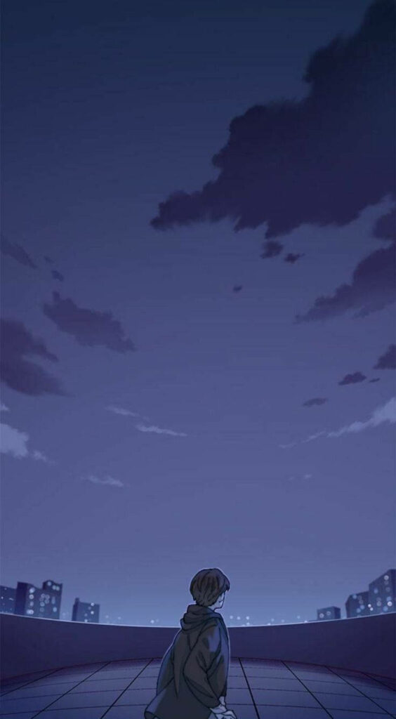 Melancholic Night Gazing: A Majestic Anime Boy Absorbed in the Twilight Sky Wallpaper