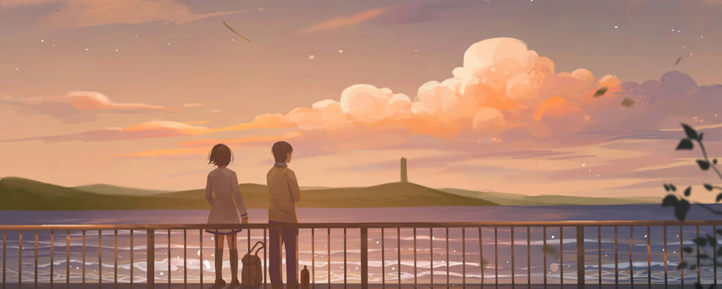 Romantic Anime Duo Embracing Against a Serene Ocean Sunset with Island Lighthouse: Perfect Wallpaper for Dual Monitors