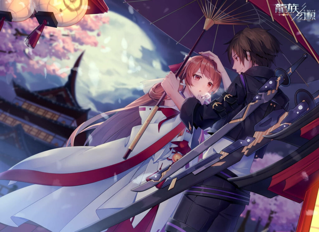 Romantic Moonlit Meeting: Aesthetic Anime Duo Embrace beneath Cherry Blossoms with D-blood Characters and a Traditional Wagasa Umbrella Wallpaper