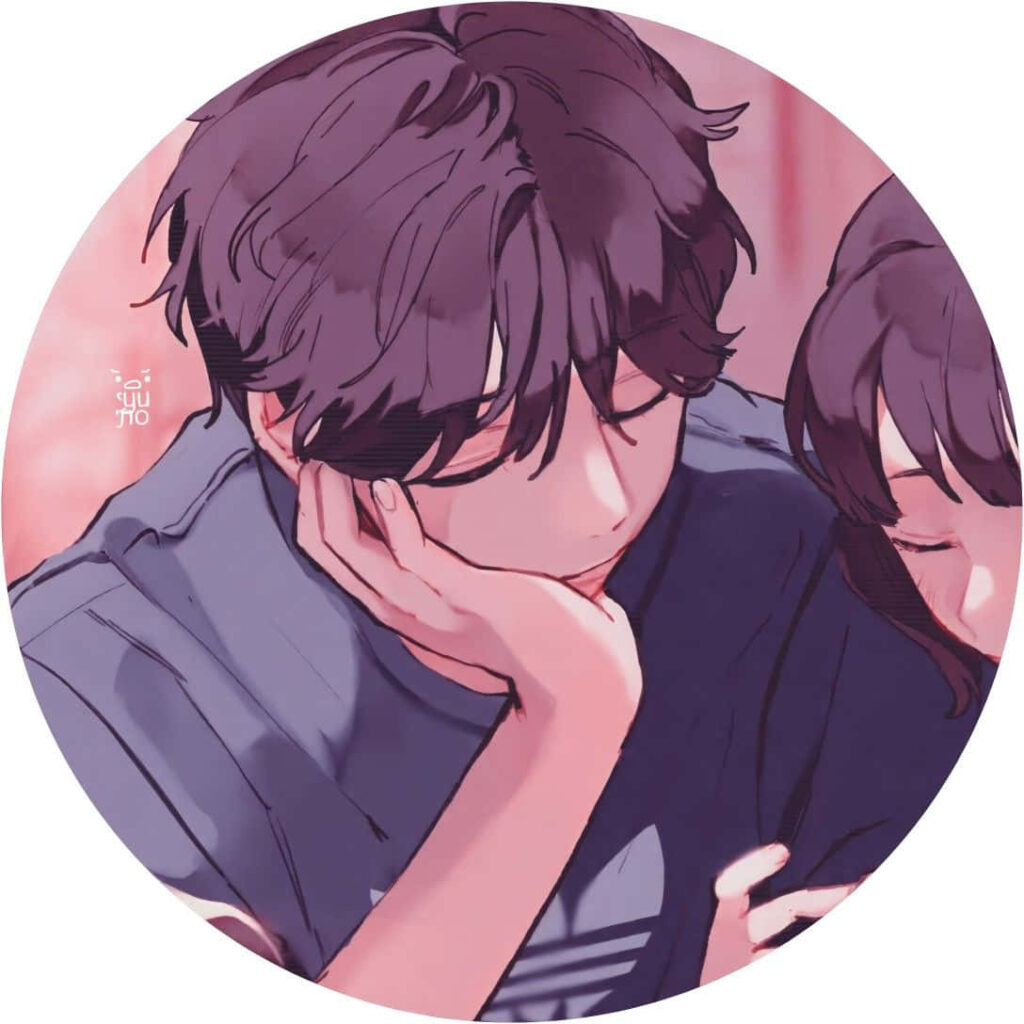 Anime Lovebirds Embrace in Enchanting Circular Frame Wallpaper