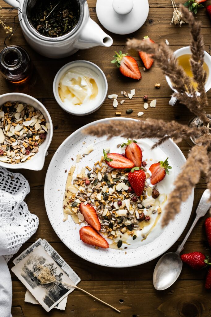 Aesthetic Breakfast Wallpaper: Muesli, Strawberries & Tea Setup