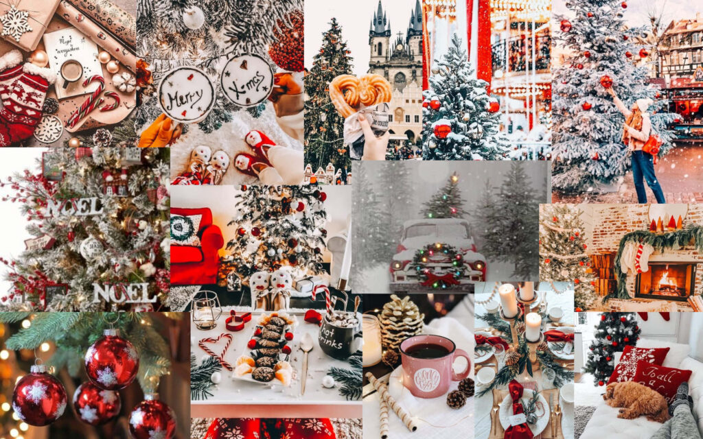 Festive Holiday Vibes: Aesthetic Laptop Wallpaper Featuring a Delightful Christmas Collage with Trees and Decorations