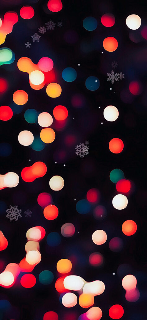 Festive Nighttime Delight: A Captivating Aesthetic Holiday iPhone Wallpaper with Colorful Pastel Lights and Snowflakes