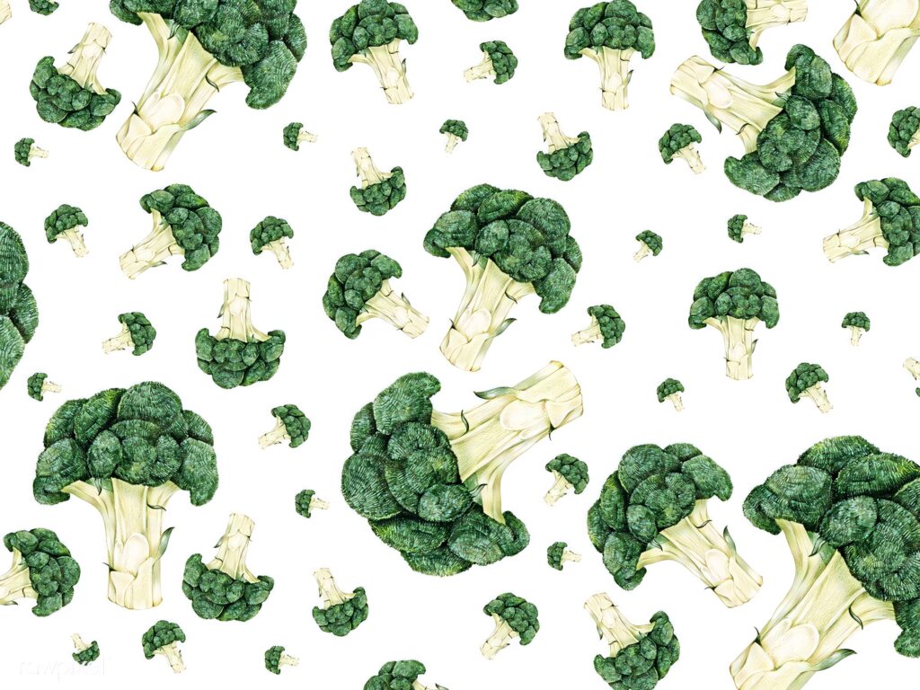 Vibrant green broccoli florets wallpaper on white background fresh minimalist kitchen decor