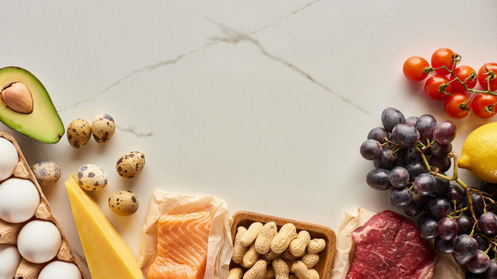 Elegant Grocery Items Wallpaper: Avocado, Eggs, Salmon & More
