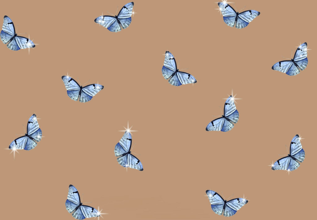 Aesthetic Laptop Bliss: Enchanting Blue Butterfly Spectacle on a Dreamy Brown Backdrop Wallpaper