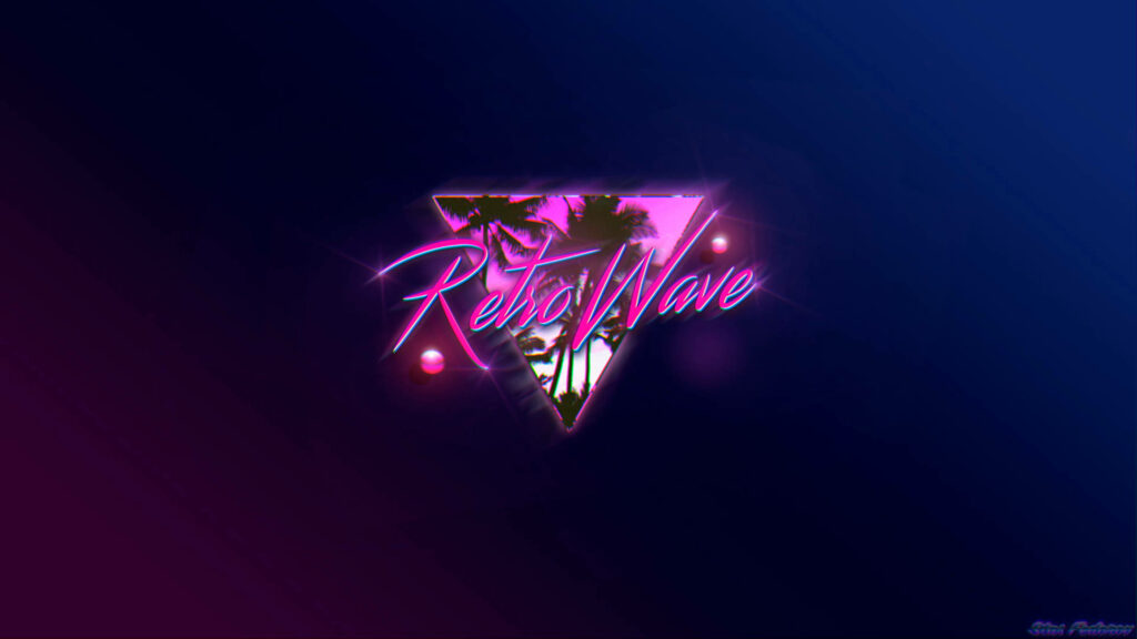 Purple-tinted RetroWave Logo Blending with Tumblr-Aesthetic Palm Trees in a Triangular Window Wallpaper