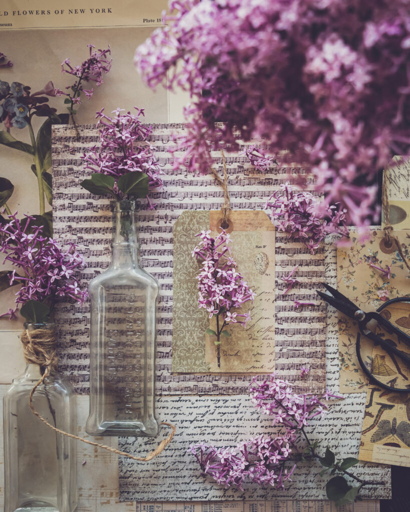 Charming Lilac Floral Vintage Wallpaper with Glass Bottles & Notes
