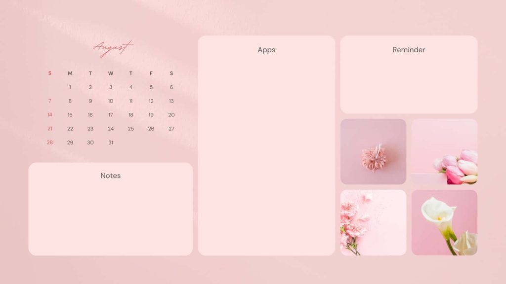 Aesthetic pink and lilac desktop organizer wallpaper with August calendar and floral accents