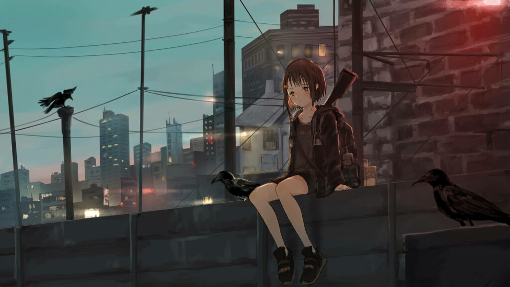 Melancholic Anime Girl Wallpaper: Rooftop Aesthetic & Urban Mood