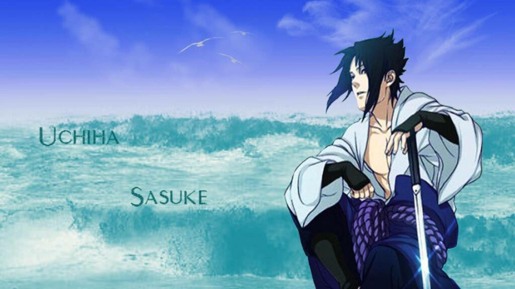 Oceanic Beauty: A Mystical Sasuke Graphic Against the Waves Wallpaper
