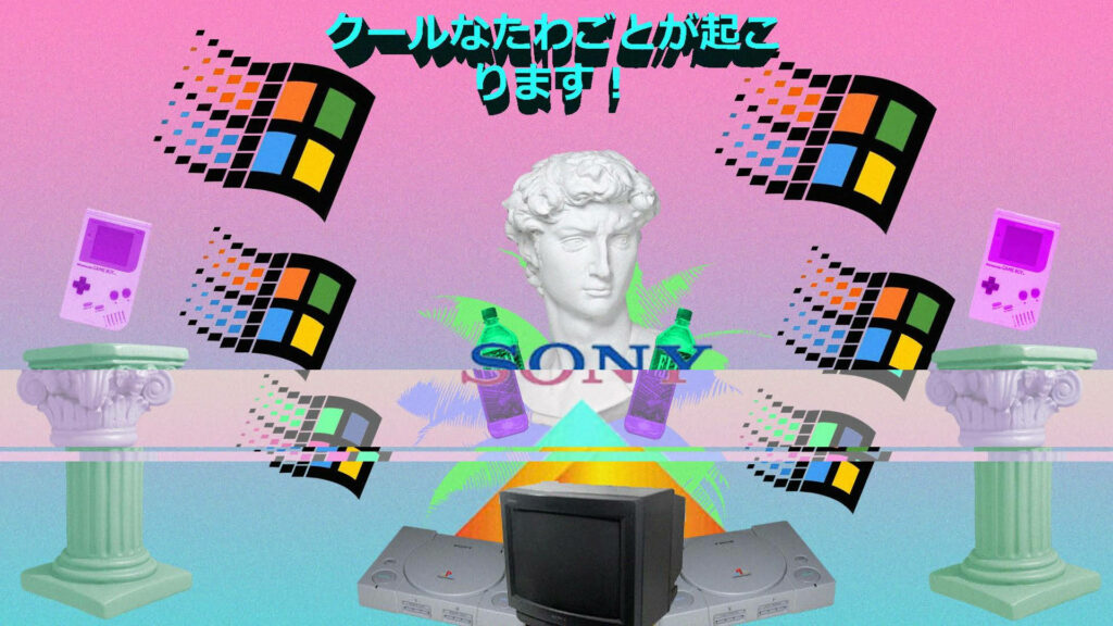 Pink Nostalgia: A Vaporwave-inspired Collage with David's Bust, Sony & Windows Logos, and a Retro Vibed Array of Company Appliances Wallpaper