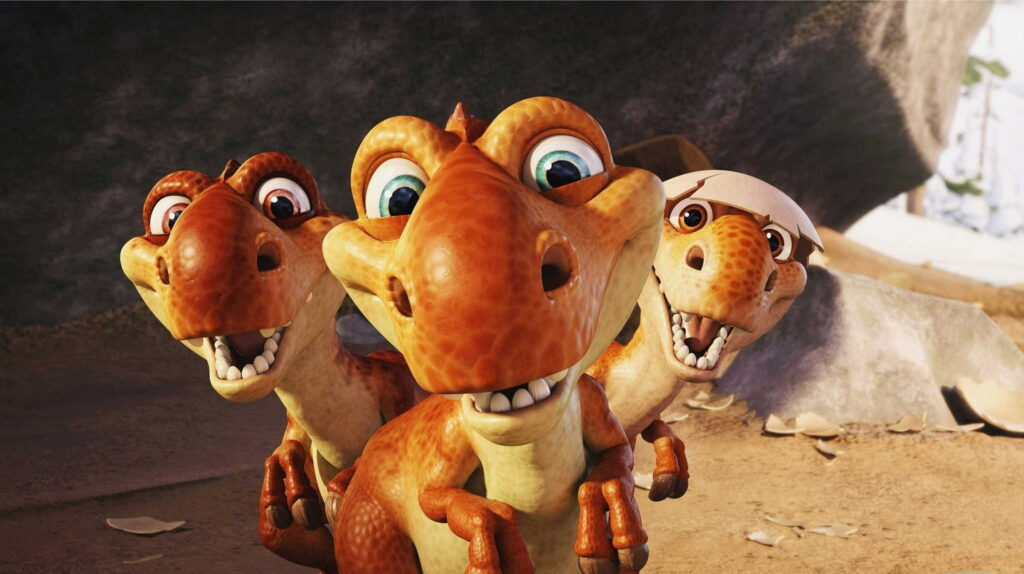 The Timeless Cuties: A Charming Cartoon Adventure with Ageless Dinosaurs on an Icy Cinematic QHD Wallpaper