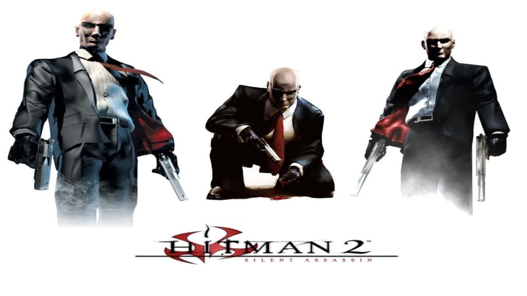 Agent 47 from Hitman 2 in black suit with red tie holding silverballers on white background Wallpaper