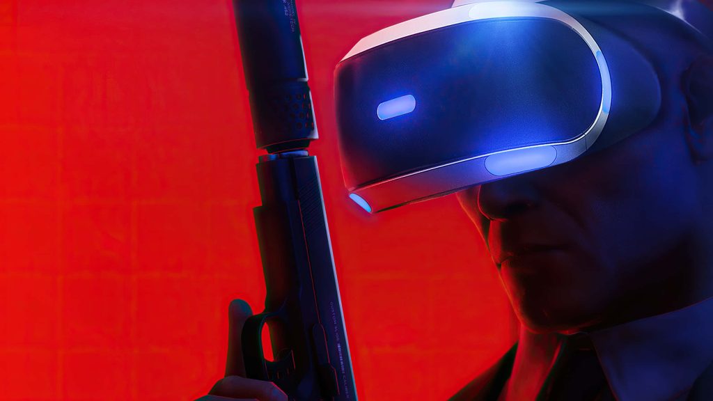 Agent 47 in Hitman 3 VR wallpaper with PSVR headset and suppressed pistol neon red background