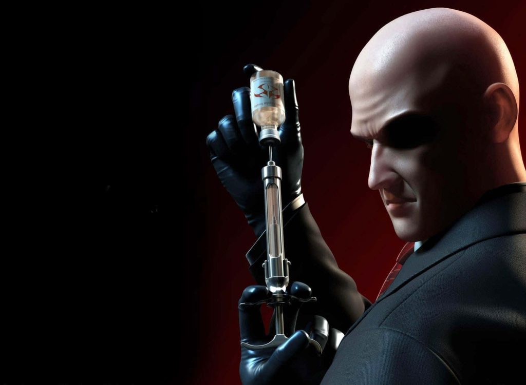 Agent 47 in Hitman 3 3D wallpaper with syringe suit black gloves moody red background lethal assassin