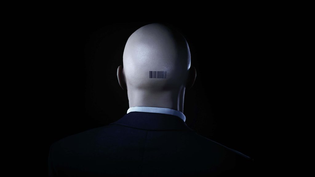 Hitman 3 wallpaper showing Agent 47 from behind with barcode tattoo on black background