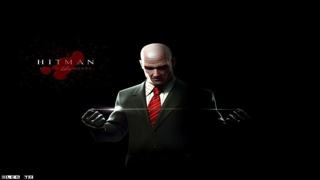 Agent 47 Hitman Blood Money in sharp suit holding fiber wire with blood splatter background wallpaper