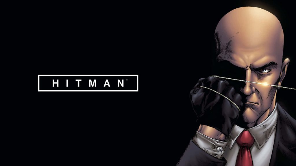 Agent 47 Hitman digital art with fiber wire suit red tie dark background official logo wallpaper
