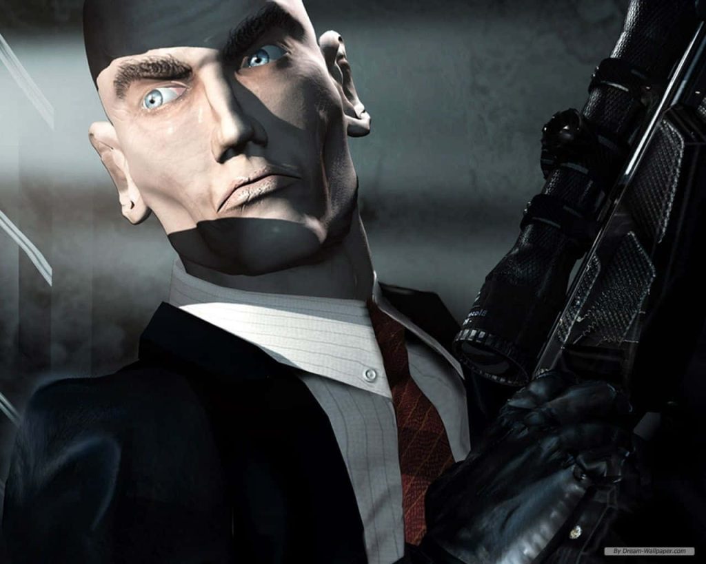 Agent 47 Hitman wallpaper 3D art sniper rifle black suit red tie intense close-up focus