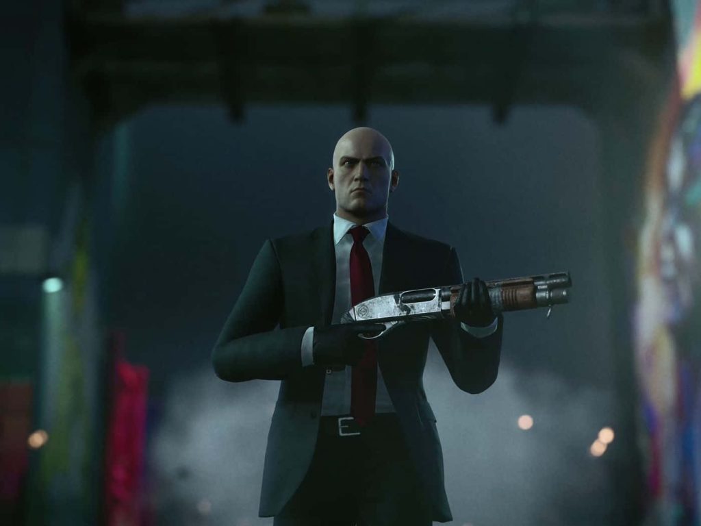 Agent 47 Hitman in black suit with shotgun dark urban background digital art wallpaper