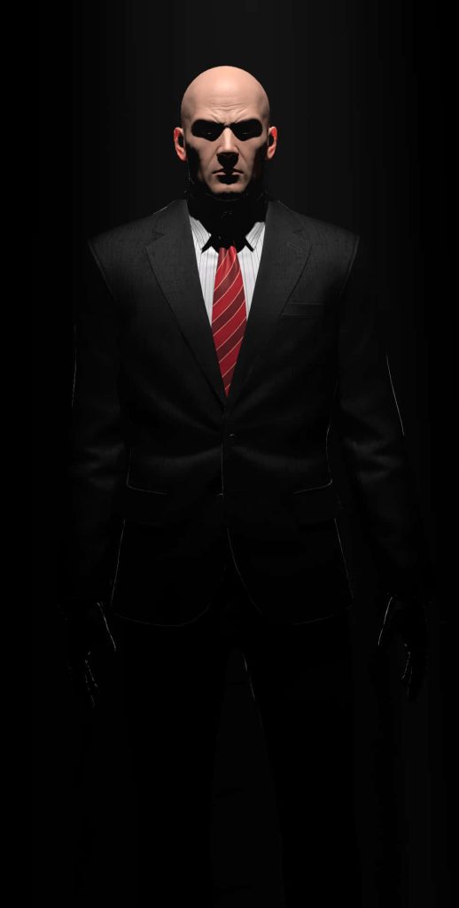 Agent 47 Hitman wallpaper in black suit red tie moody lighting intense espionage background