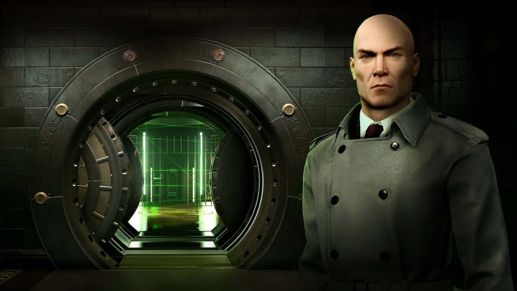 Agent 47 in trench coat before open steel vault with green laser security CGI Hitman wallpaper background
