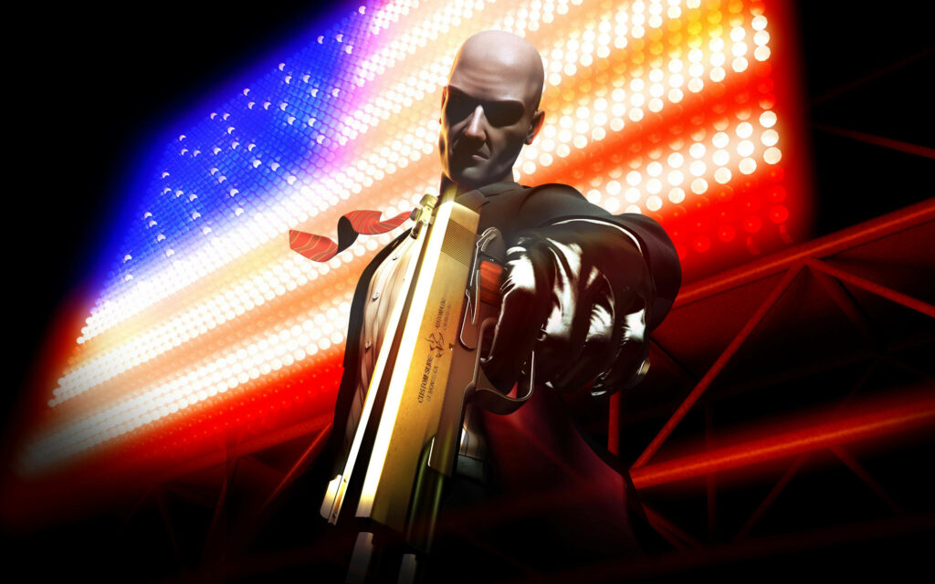 Agent 47 Takes Aim: Captivating Hitman Full 4k Background with USA Flag Billboard Wallpaper