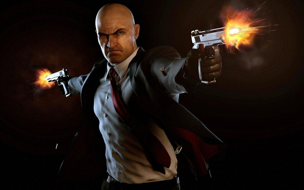 The Deadly Enigma: Agent 47's Fiery Dual Pistols in Hitman Absolution Wallpaper