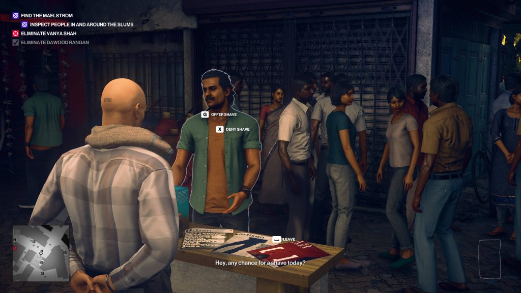 Agent 47 in Mumbai slums Hitman 2 interacting with barber in detailed urban market wallpaper