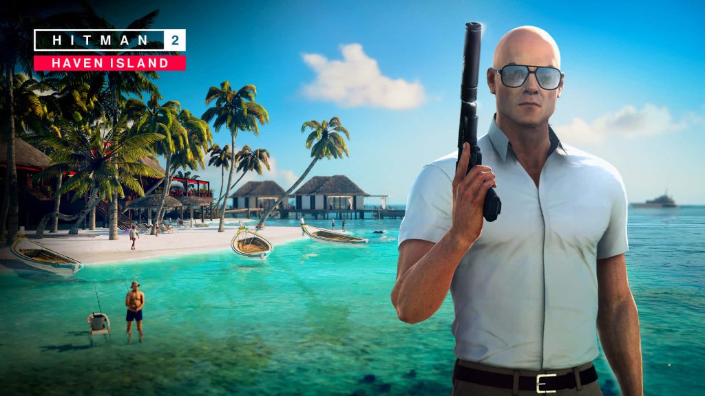 Agent 47 in white shirt and sunglasses with suppressed pistol on tropical Haven Island resort wallpaper