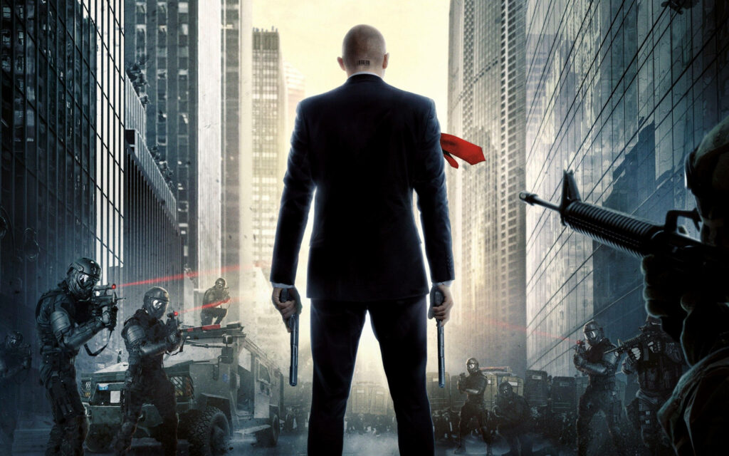 Deadly Game: Agent 47 Holds His Ground Surrounded by Armed Soldiers in Hitman Absolution Wallpaper