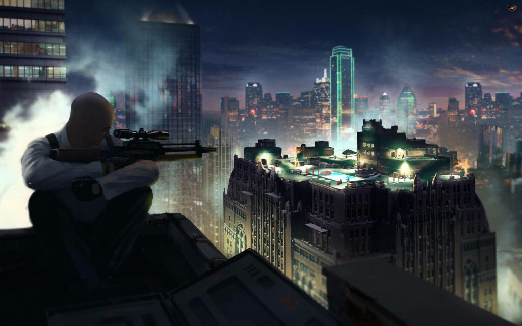 The Silent Sniper: Agent 47 Surveys a High-Risk Party from Atop, Embracing His Calm Before the Storm in this Captivating HD Hitman Wallpaper