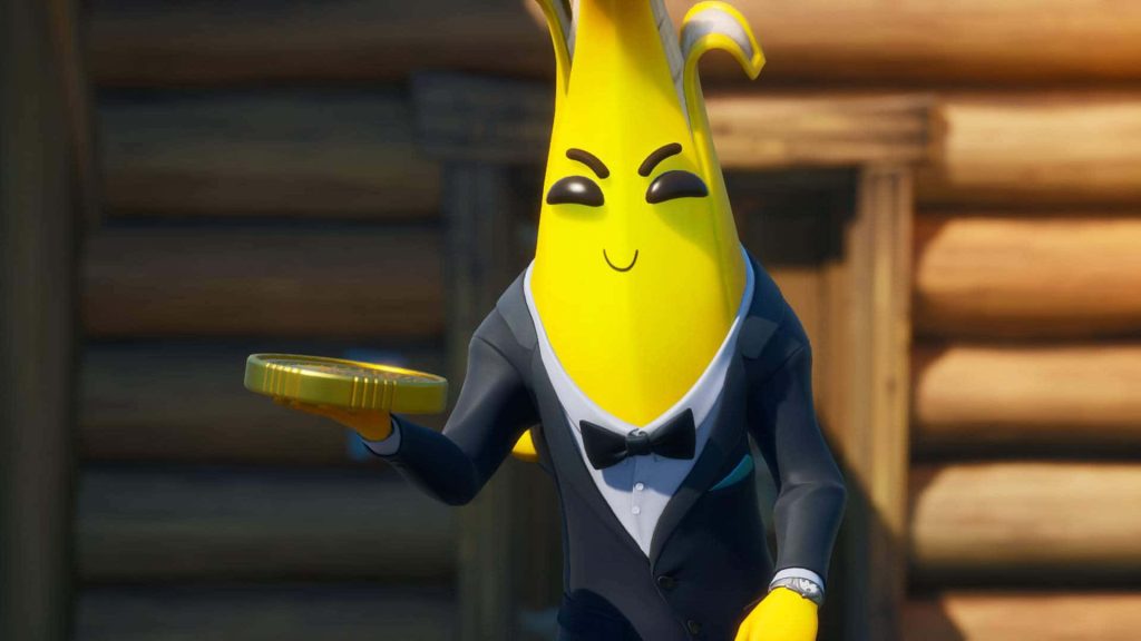 Fortnite Agent Peely in tuxedo holding gold coin 3D wallpaper rustic log cabin background