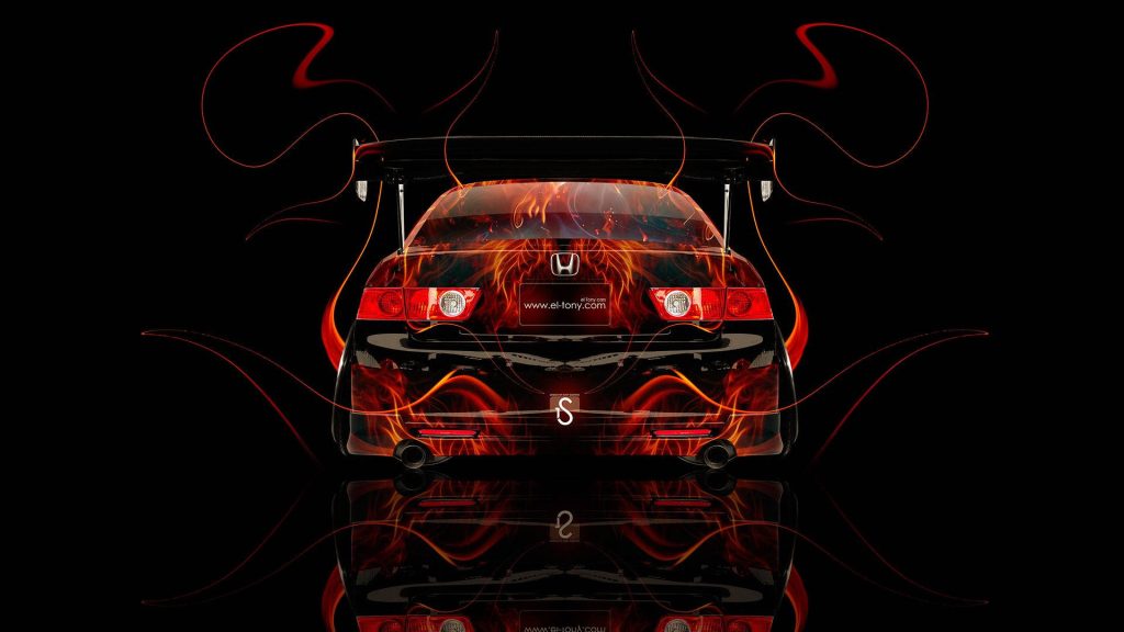 Rear view of custom Honda Civic with flaming wrap spoiler and dual exhaust digital wallpaper