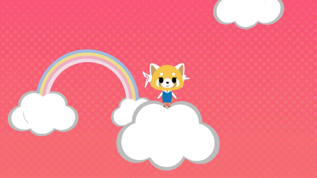 Aggretsuko Cheerfully on Cloud: Cute Pink Rainbow Wallpaper