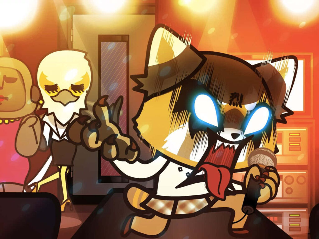 Aggretsuko's Fiery Karaoke: Vibrant Wallpaper Background