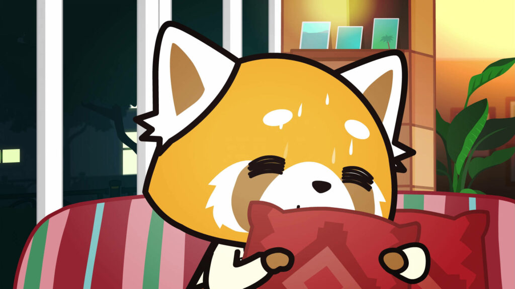 Aggretsuko Sweating Poster Wallpaper: Cozy Red Panda Vibe