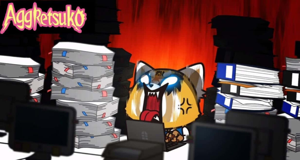 Aggretsuko's Fiery Office Performance: Emotional Wallpaper Background