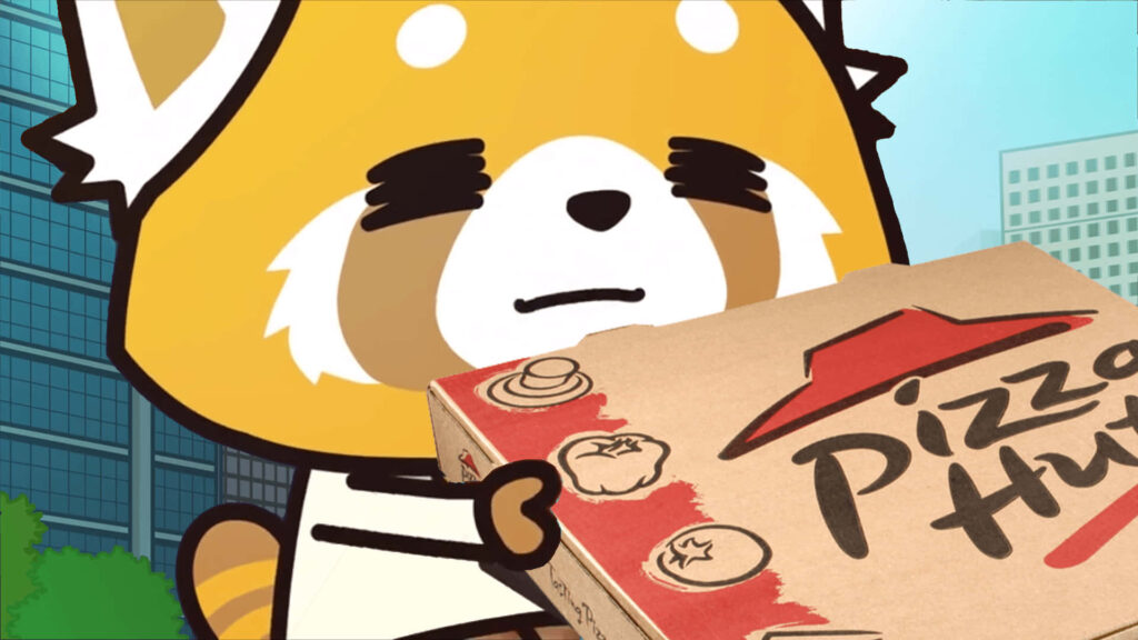 Aggretsuko's Relatable Charm: Lively Wallpaper with Pizza Hut Box