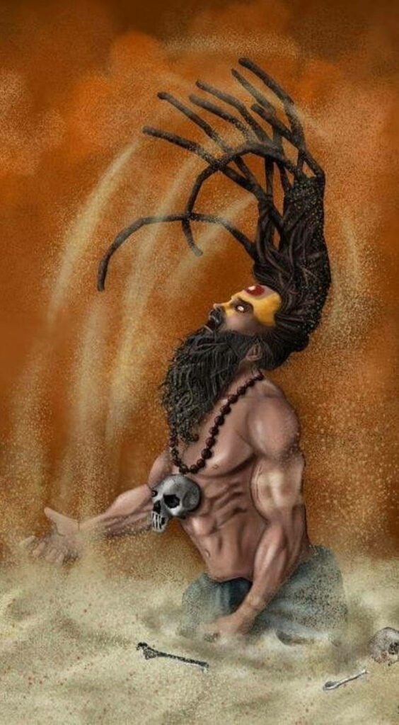 Aghori ascetic with matted dreadlocks and skull necklace emerging from swirling ash ritual background Wallpaper