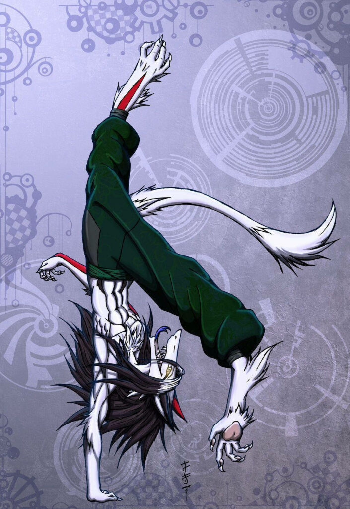Furry character in one-handed capoeira handstand showcasing agility and strength on tech background Wallpaper