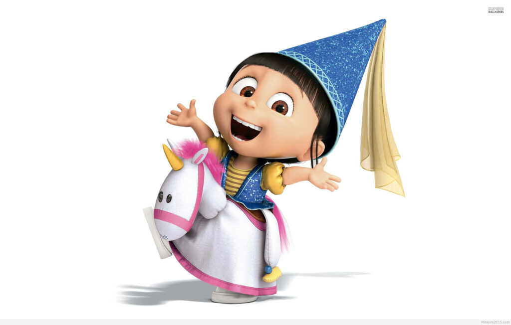 Cheerful Agnes Riding a Colorful Unicorn - Whimsical Wallpaper Background